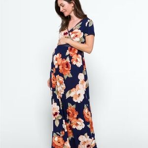 Nine Britton Maternity Floral Maxi Dress in Navy and Coral